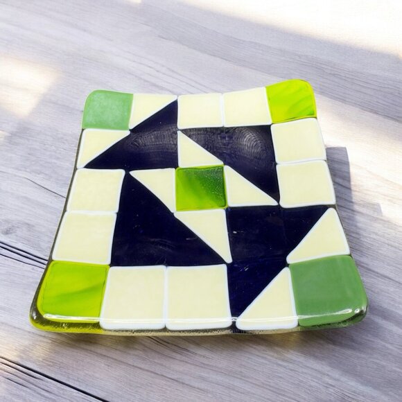 Hand Made Geometric Square Fused Glass Dish Plate Artist Signed Multicolored VTG - Picture 2 of 15